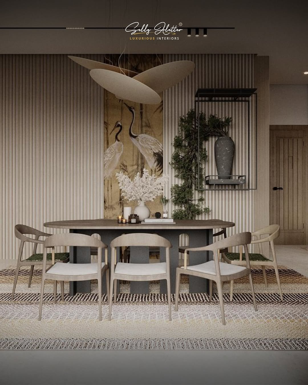 Natural timber furniture and sculptural pendants in Sally Alattar's Japandi dining concept